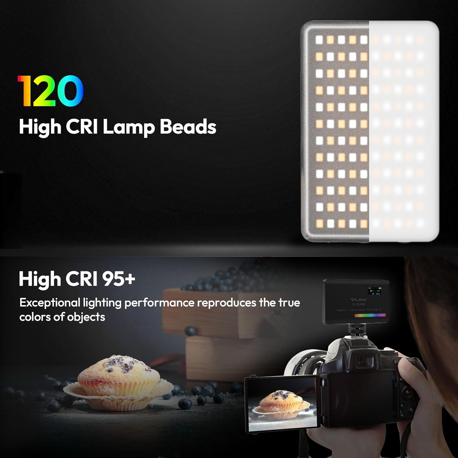 WIRSENS VL120 RGB Camera Light – 2500K–9000K RGB LED Panel with Soft Diffuser